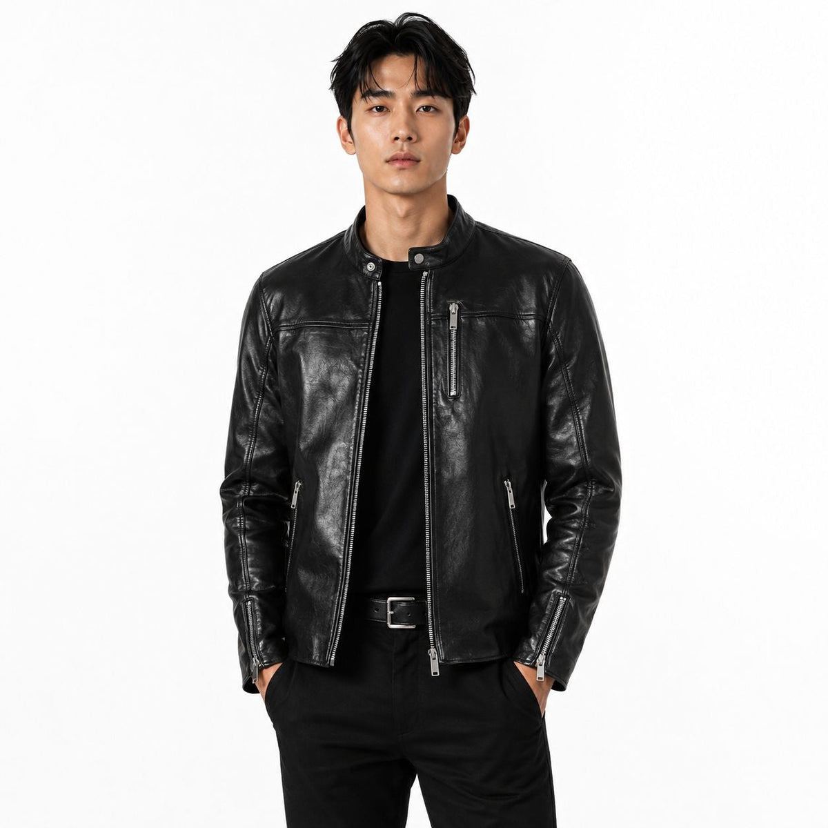 Men's Band-Collar Black Leather Biker Jacket