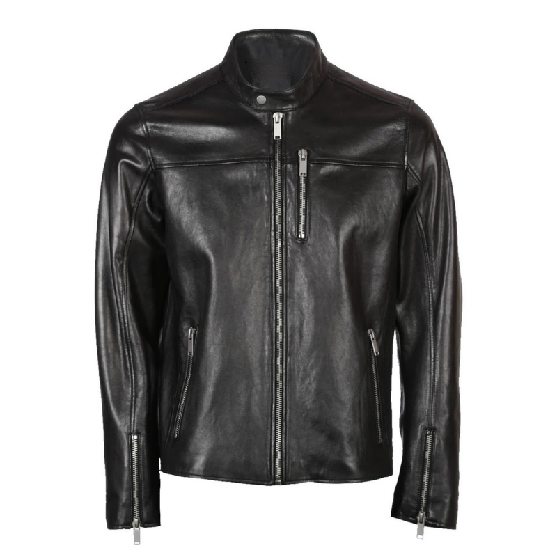 Men's Band-Collar Black Leather Biker Jacket