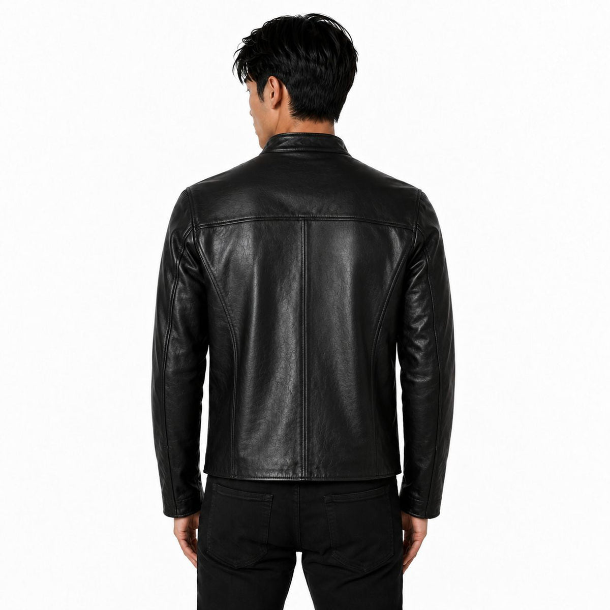 Men's Band-Collar Black Leather Biker Jacket