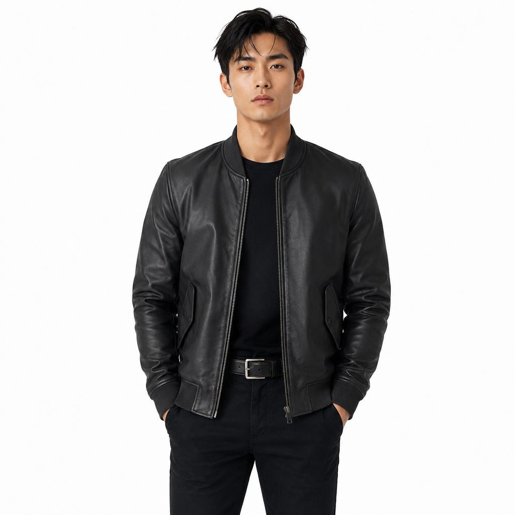 Men's Black Leather Bomber Jacket