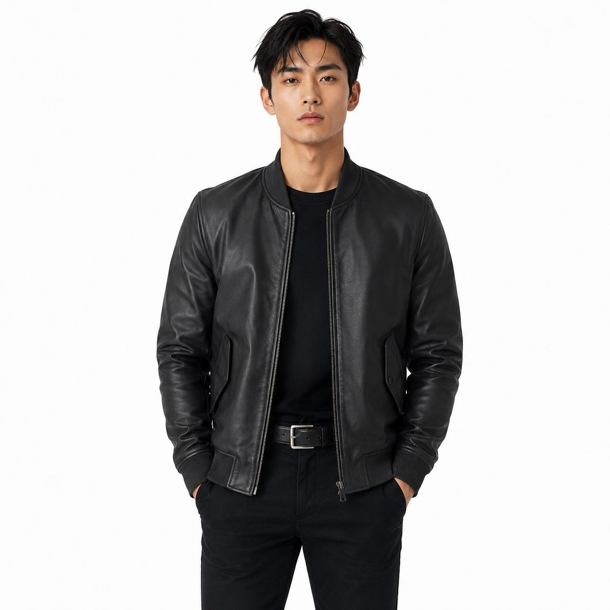 Men's Black Leather Bomber Jacket