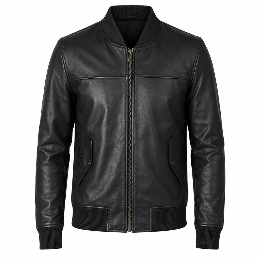 Men's Black Leather Bomber Jacket