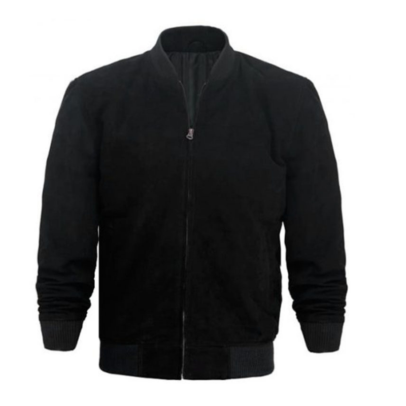 Men's Black Suede Ribbed-Trim Bomber