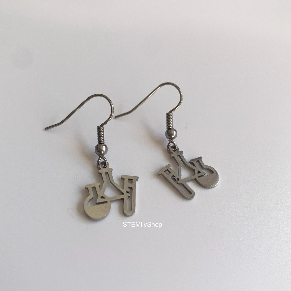 Stainless steel science flask bottle chemistry silver earrings