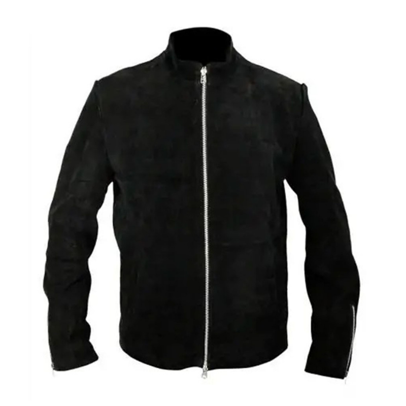 Men's Black Suede Stand-Collar Jacket