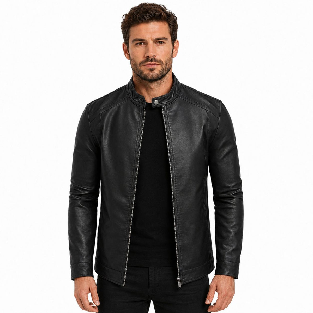 Men's Fitted Black Leather Cafe Racer