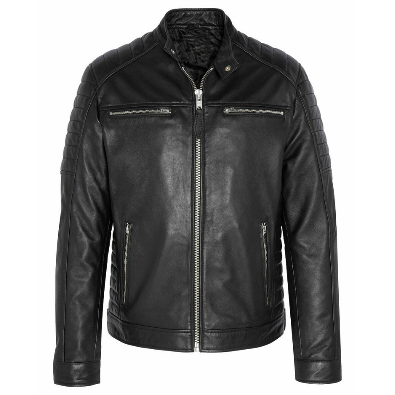 Men's Quilted-Shoulder Black Leather Jacket