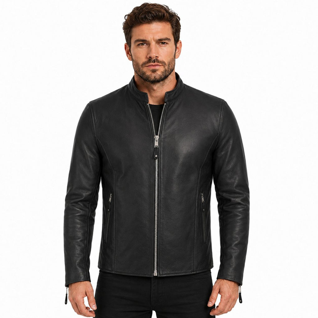 Men's Asymmetric-Zip Leather Biker Jacket
