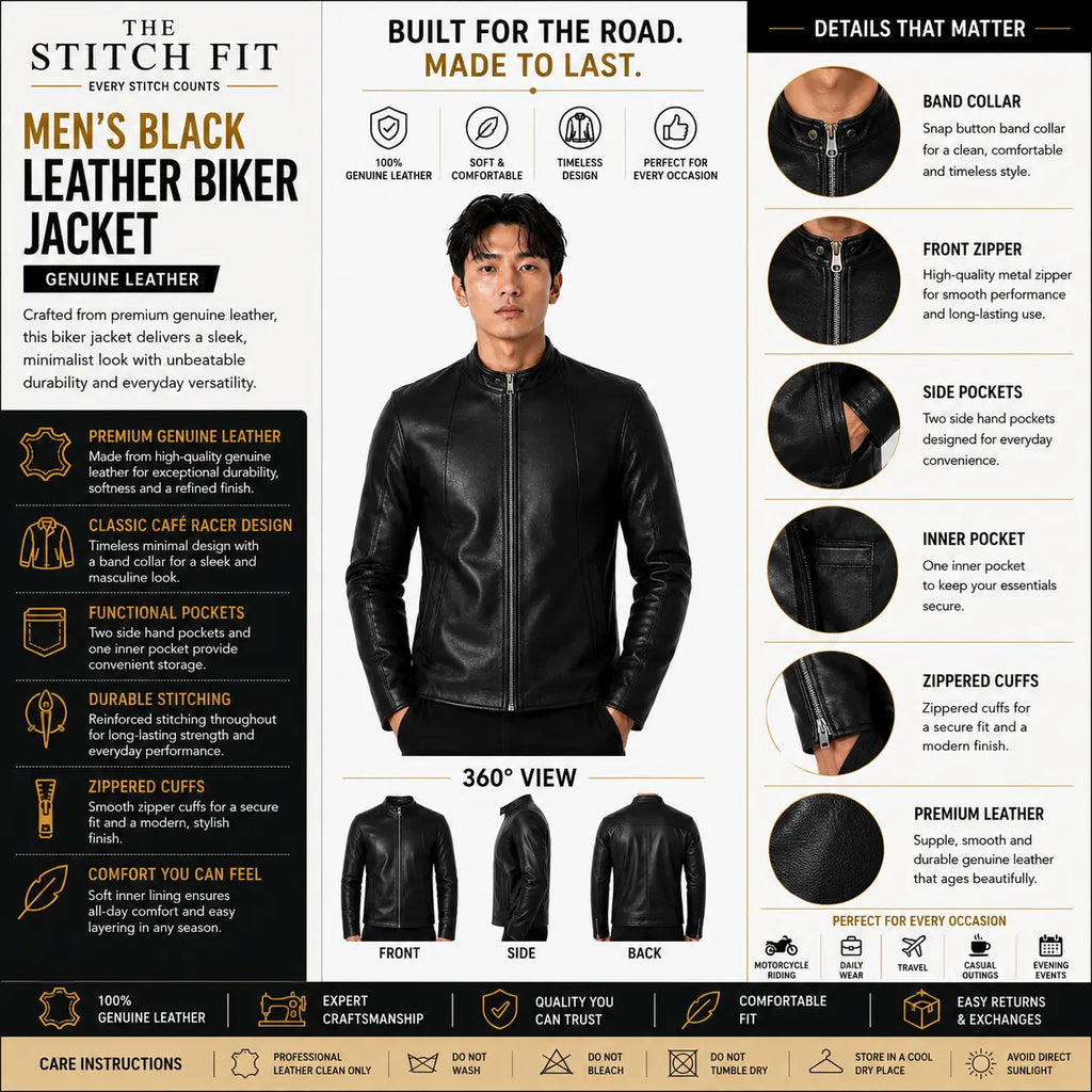 Men's Snap-Collar Leather Cafe Racer Jacket