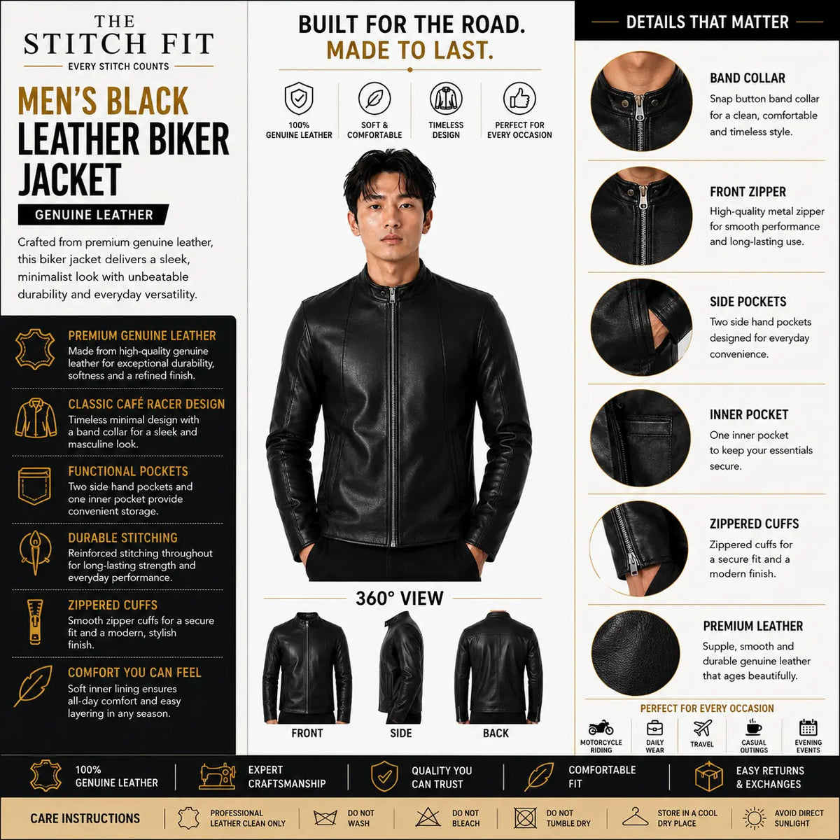 Men's Snap-Collar Leather Cafe Racer Jacket