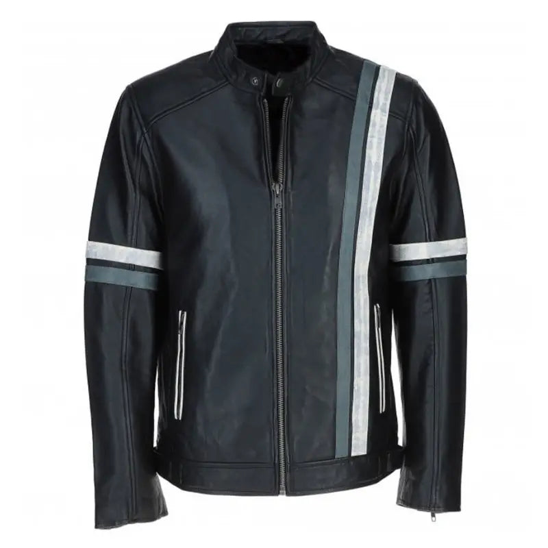 Men's Striped Leather Racer Jacket | Black & Blue