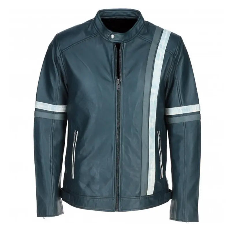 Men's Striped Leather Racer Jacket | Black & Blue