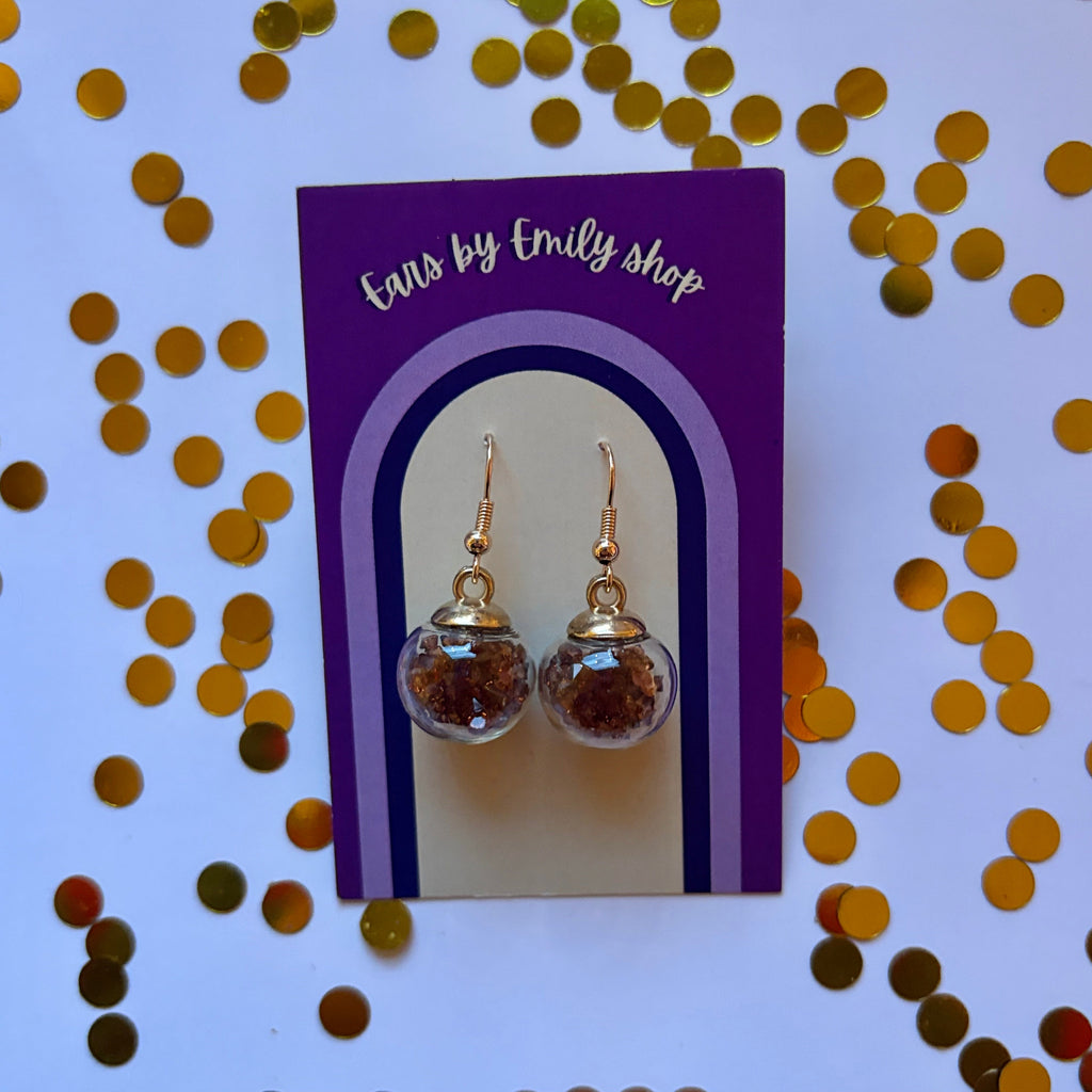 Brown sparkle gem bauble Christmas dangle earrings gold plated
