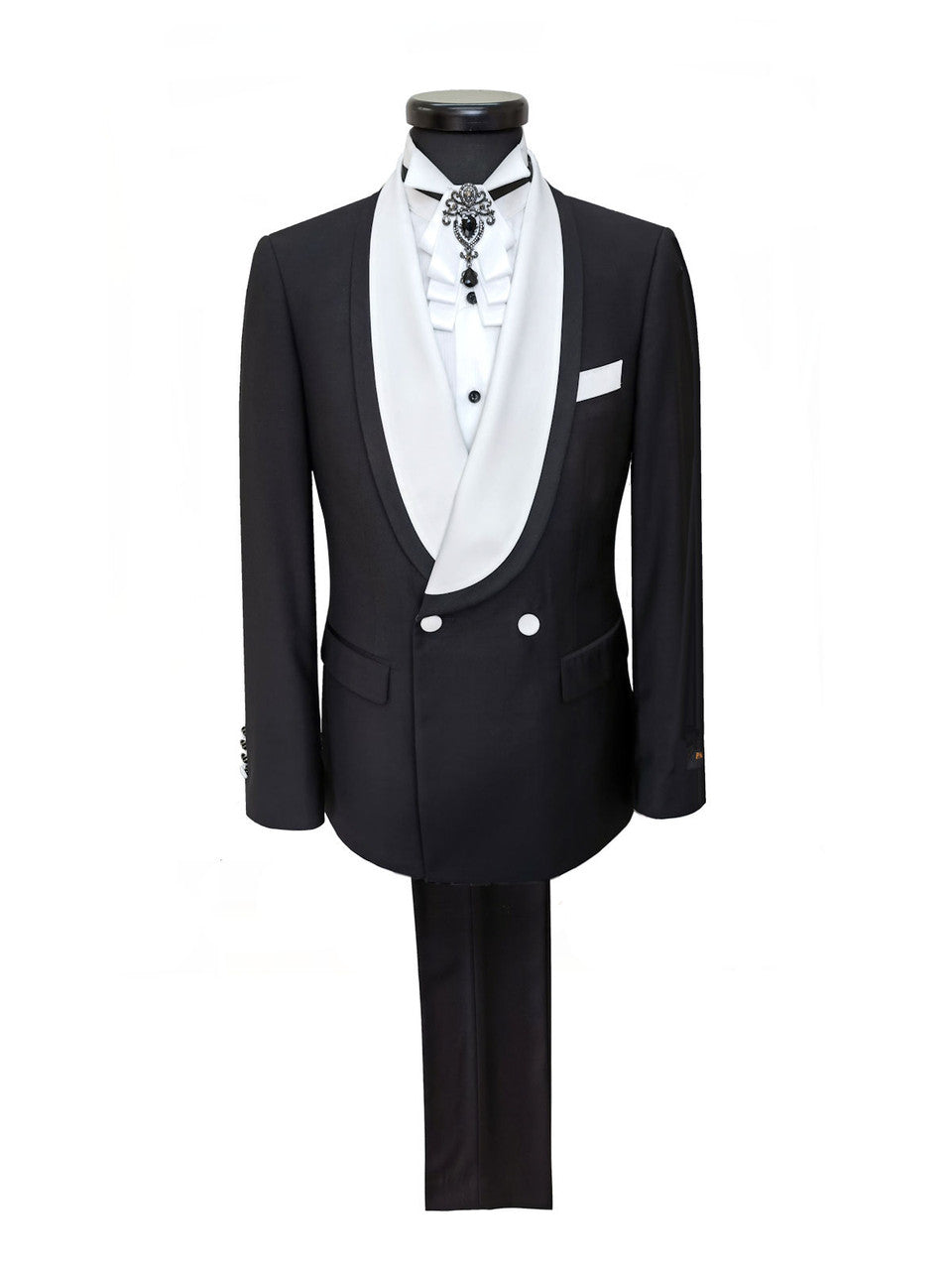 Black Double Breasted Tuxedo With White Shawl Lapel