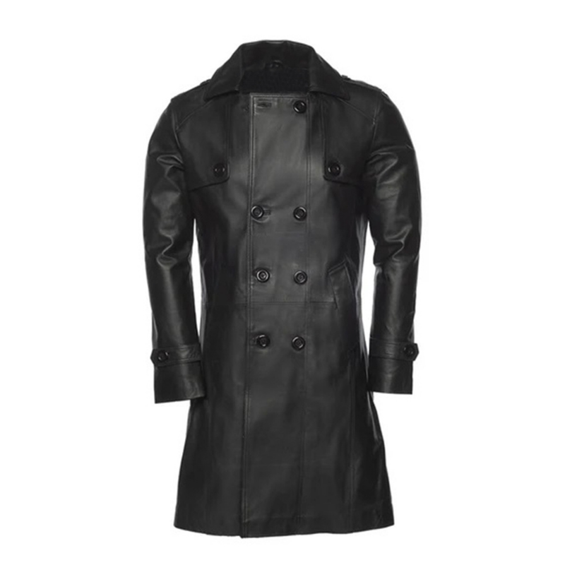 Men's Black Double-Breasted Leather Coat
