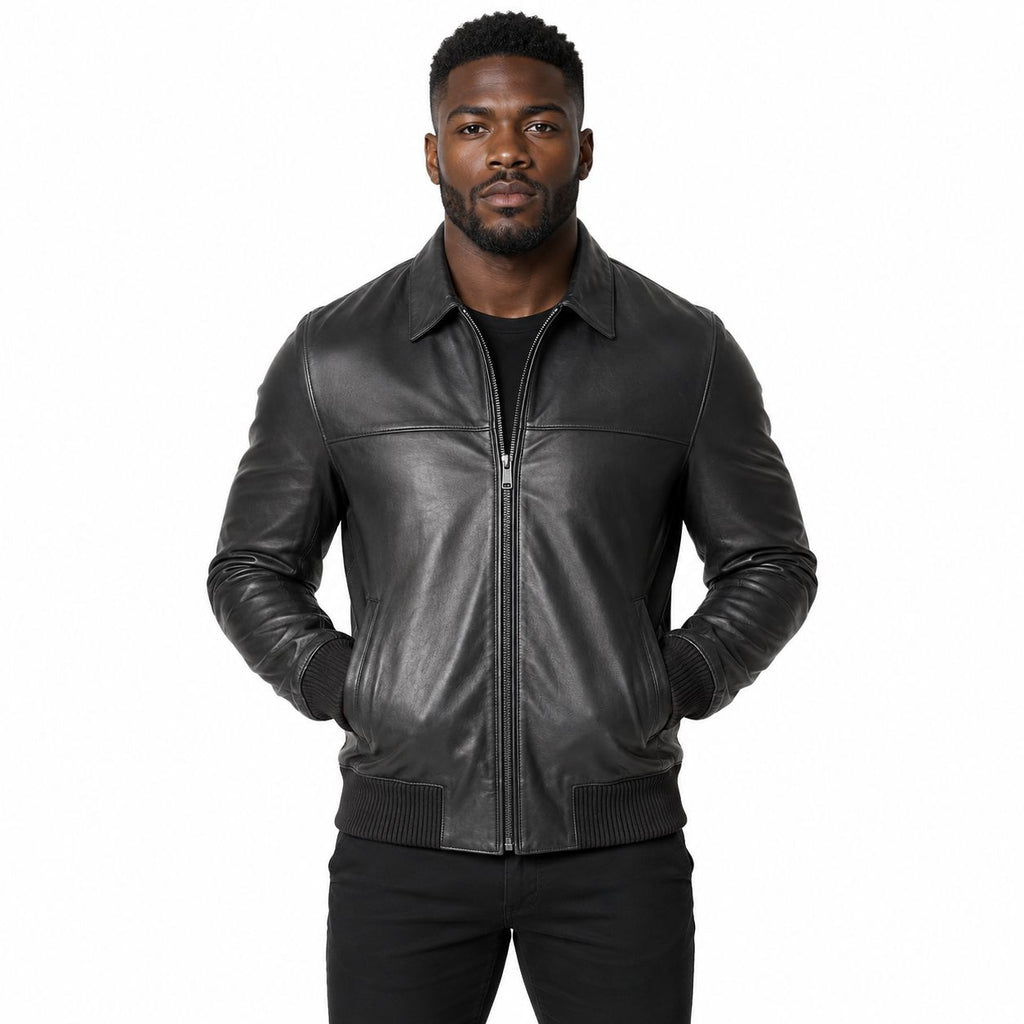 Men's Ribbed-Trim Black Leather Bomber