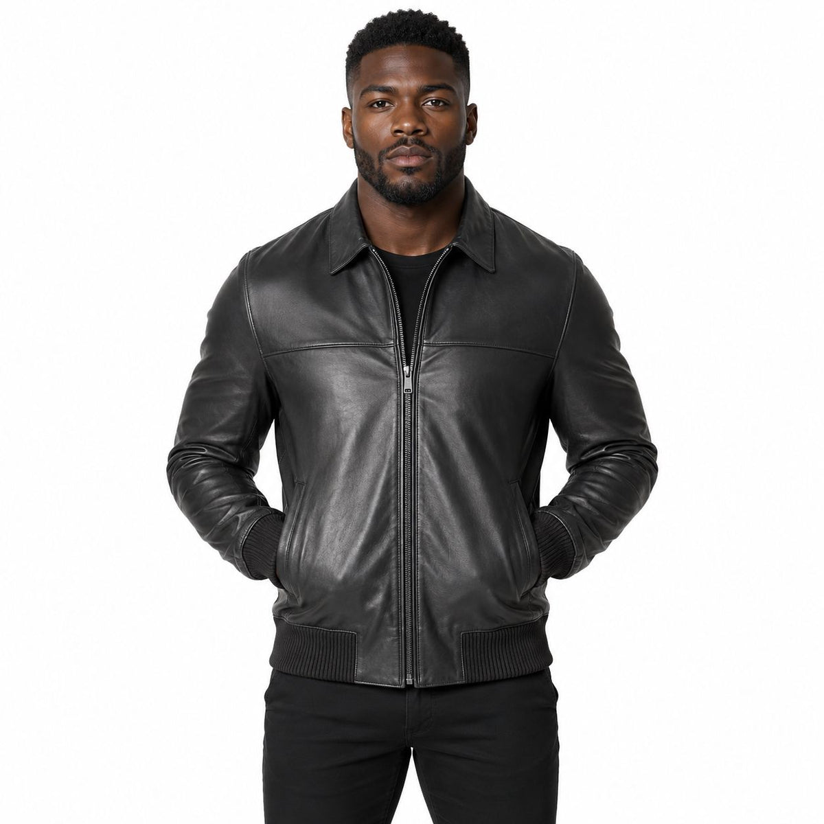 Men's Ribbed-Trim Black Leather Bomber