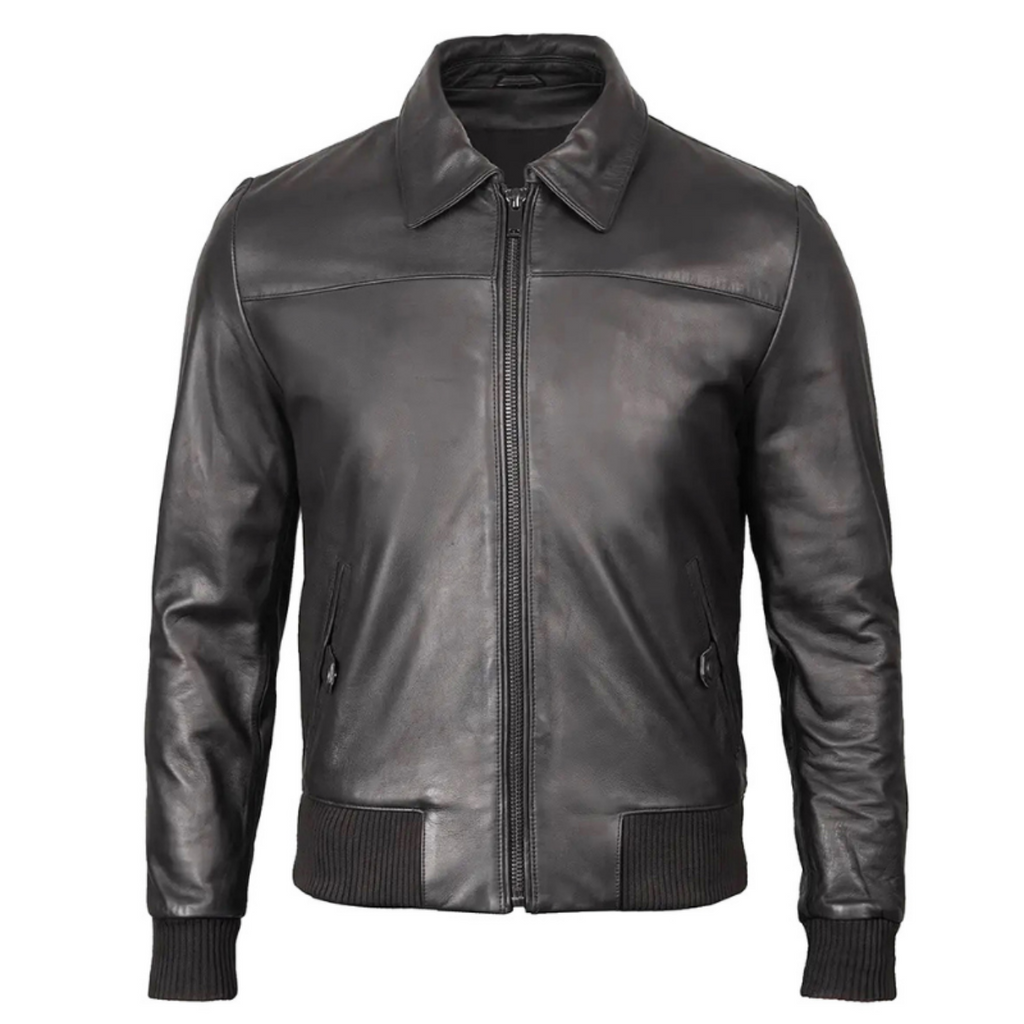 Men's Ribbed-Trim Black Leather Bomber