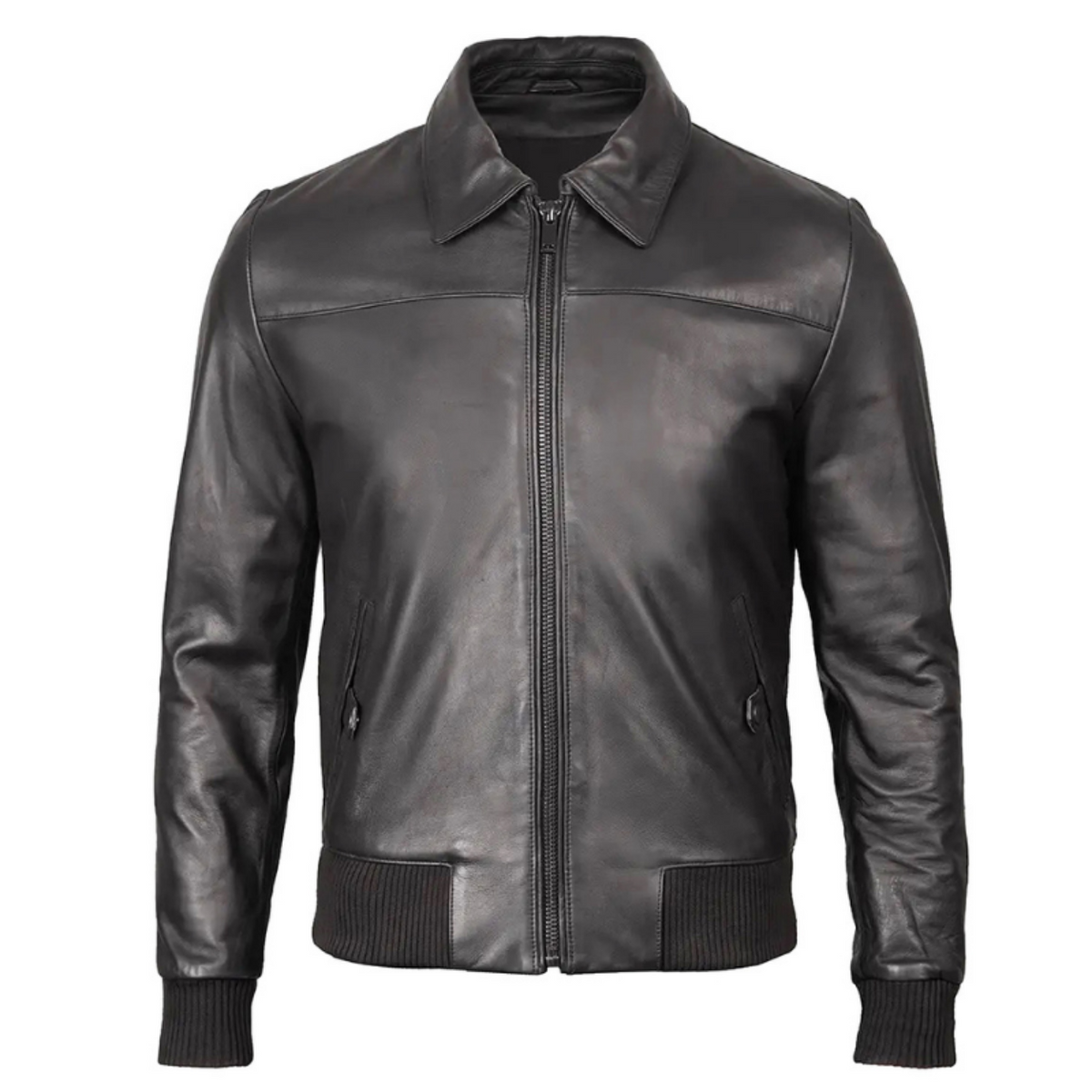 Men's Ribbed-Trim Black Leather Bomber