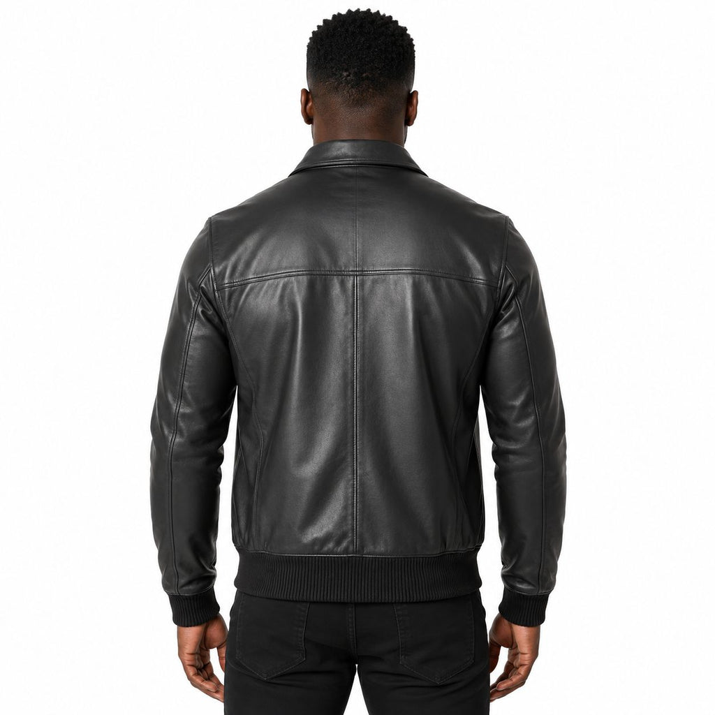 Men's Ribbed-Trim Black Leather Bomber