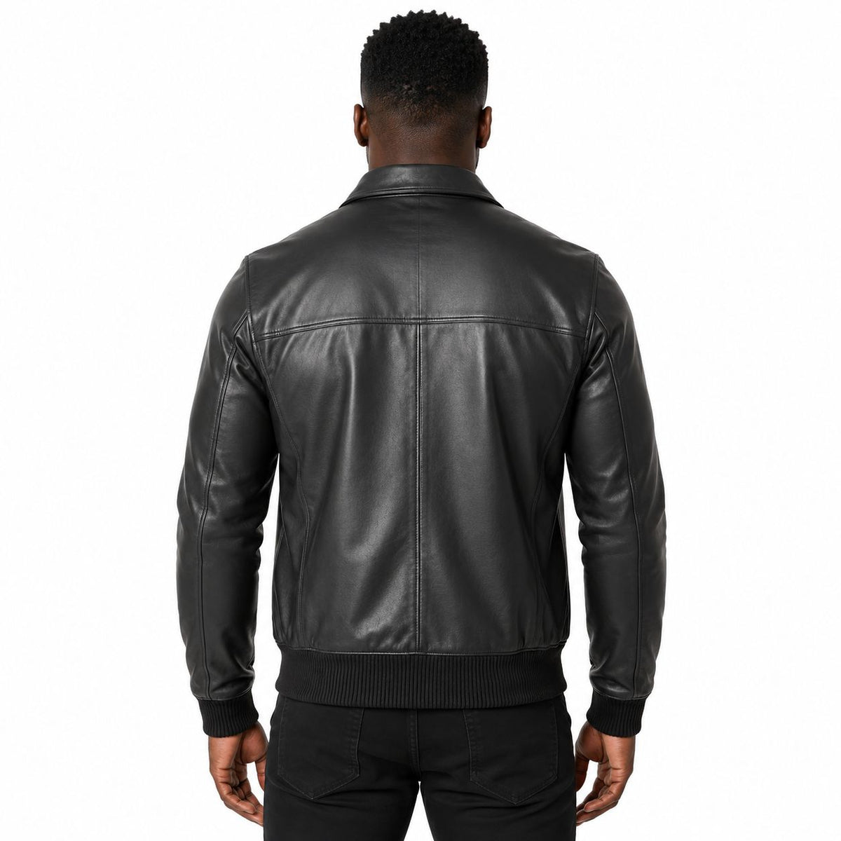 Men's Ribbed-Trim Black Leather Bomber