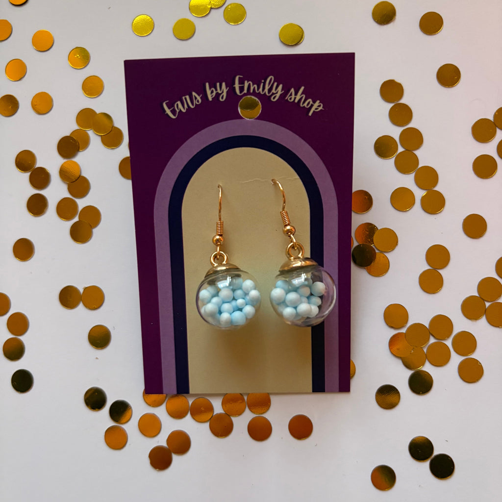 Blue ball bauble Christmas dangle earrings gold plated
