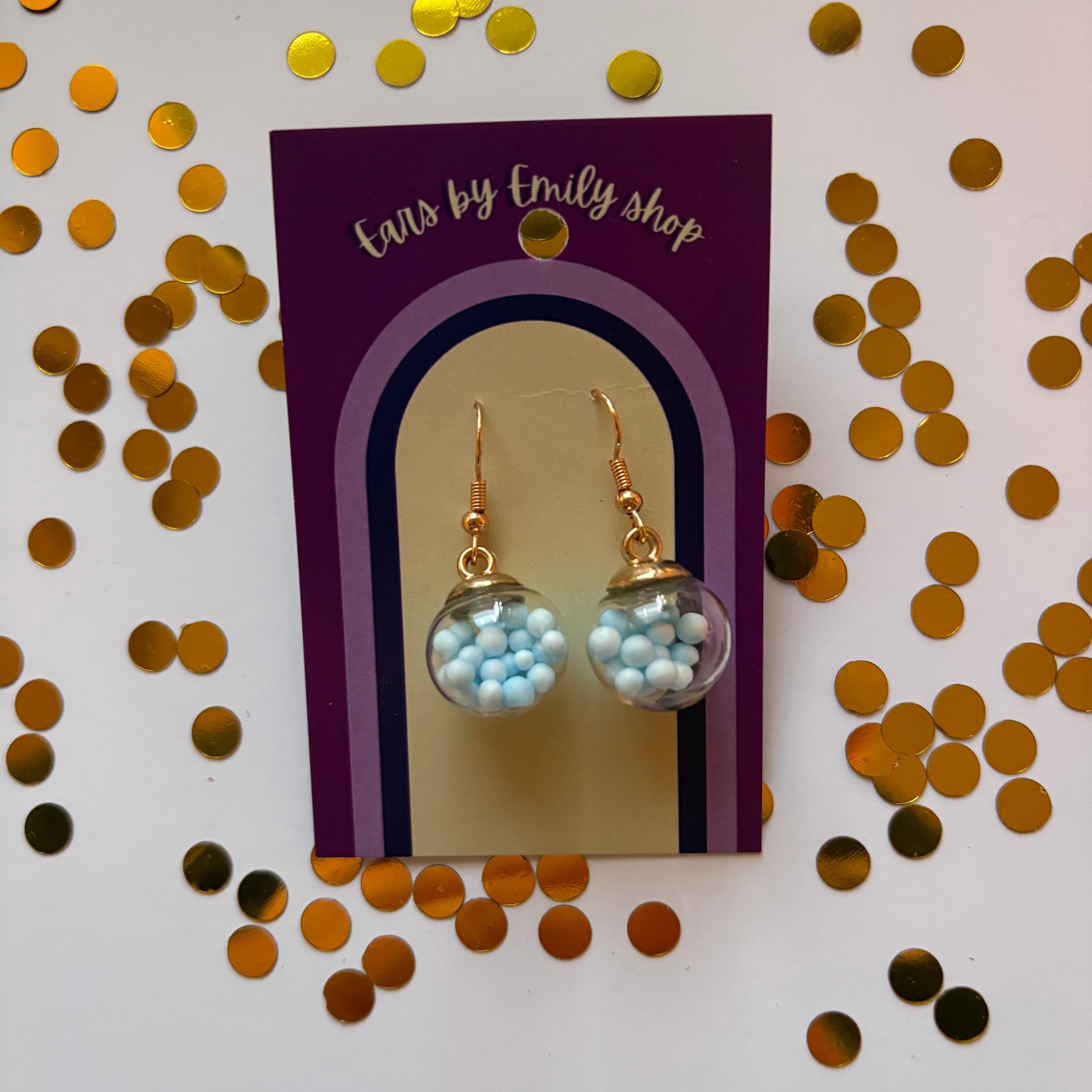 Blue ball bauble Christmas dangle earrings gold plated