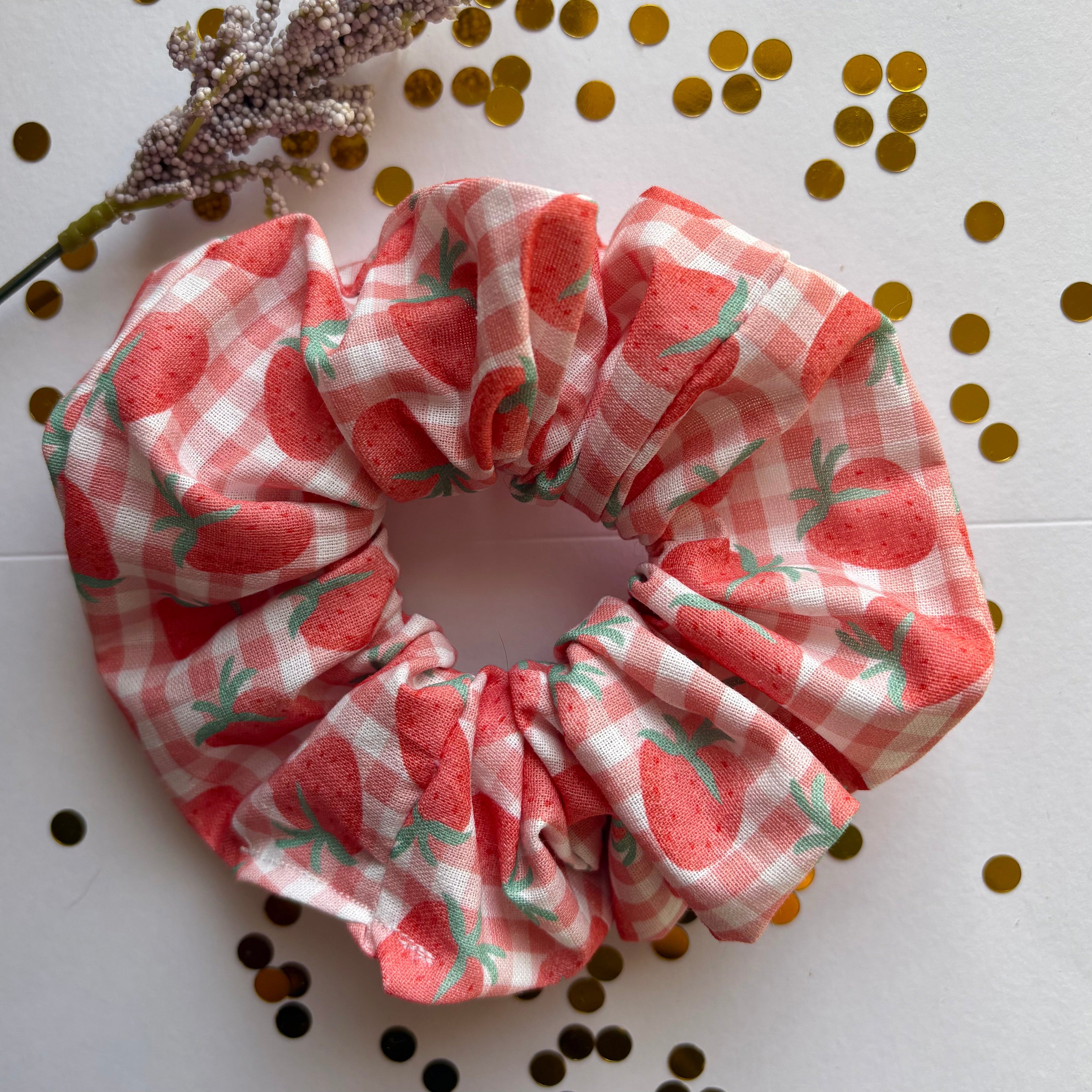 Large handmade cotton pink gingham strawberry scrunchie