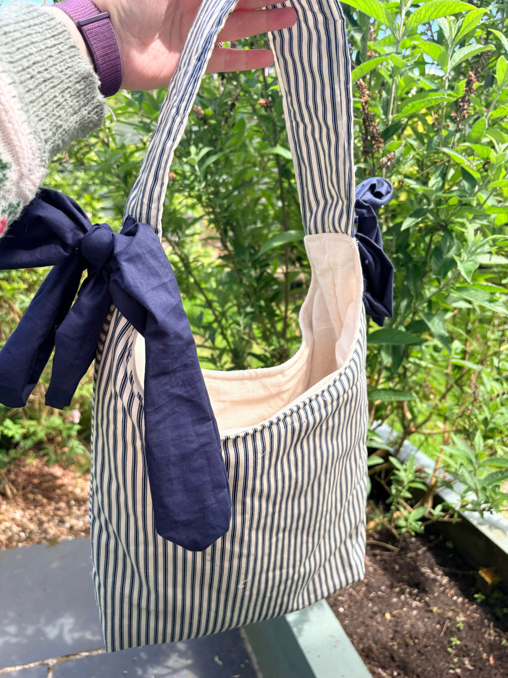 Handmade white and navy blue stripe coquette padded tote bag with bows