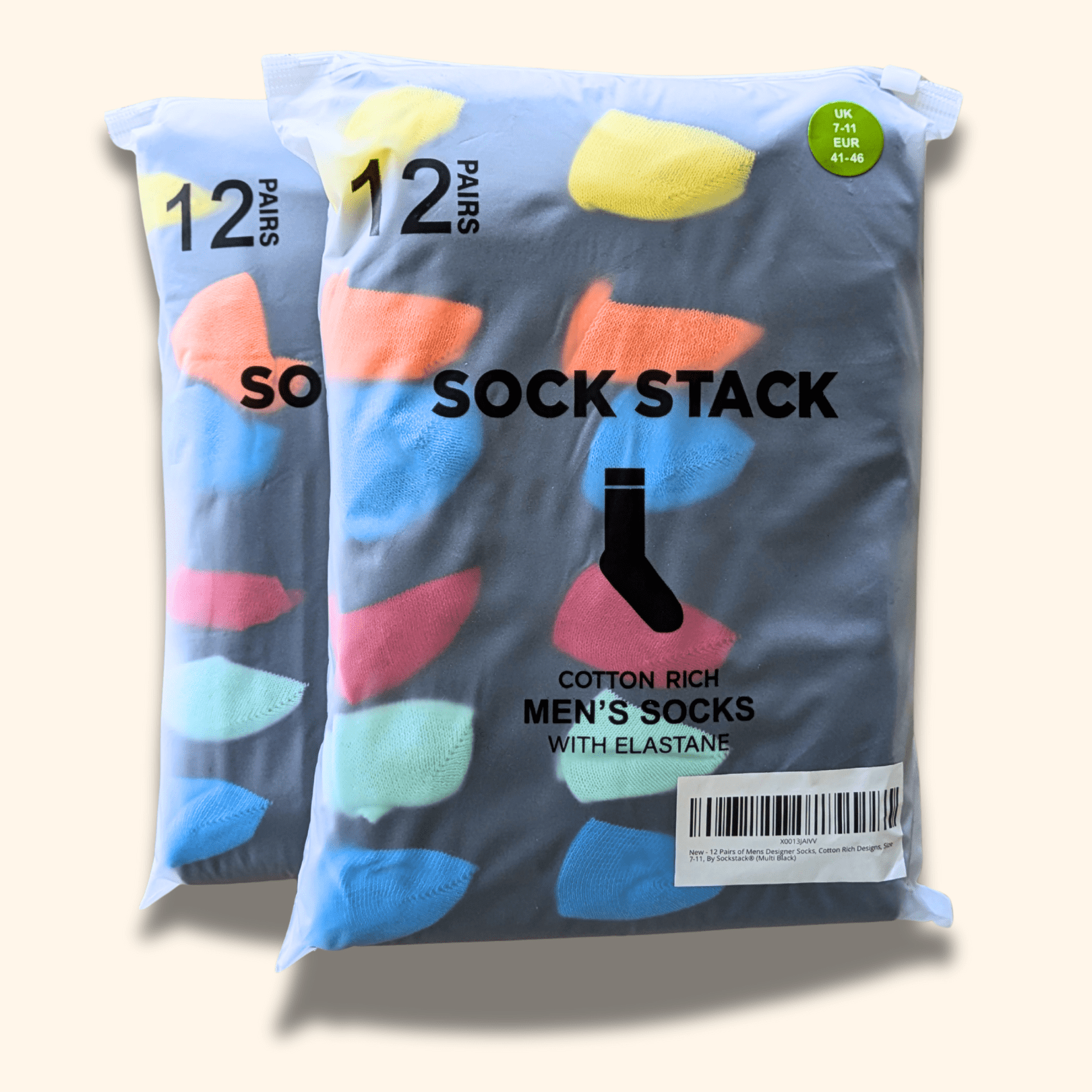Sock Stack 24 Pairs Men's Cotton Colourful Heel Toe Black Argyle Diamond Easycare