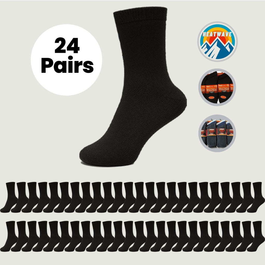 Heatwave Thermalwear Mens Black Thermal Socks 24 Pairs Double Brushed Knit Brushed Base Layer Warmth