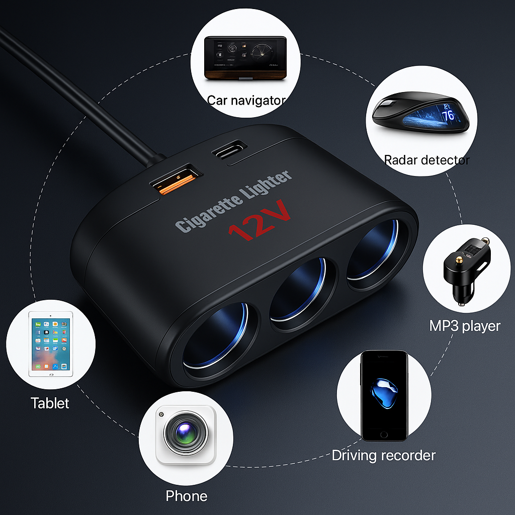 Car Cigarette Lighter Splitter with USB & PD Charging Ports – 3 Socket Adapter