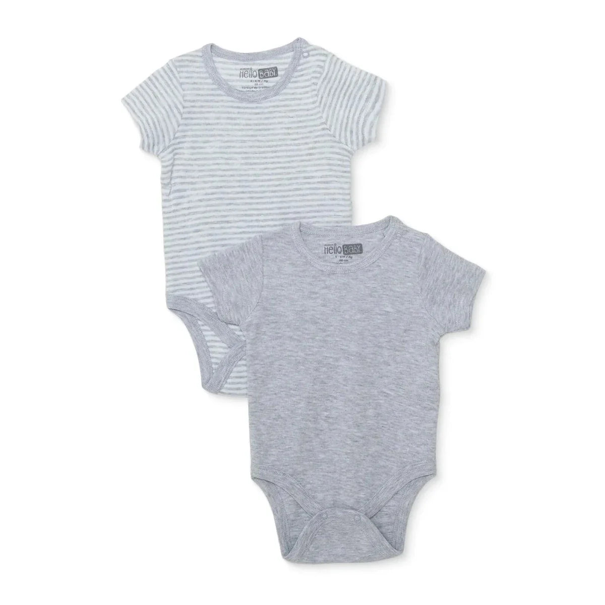HelloBaby 2 Pack Striped Short Sleeve Baby Bodysuits (1-3 Months to 2-3 Years) - Grey