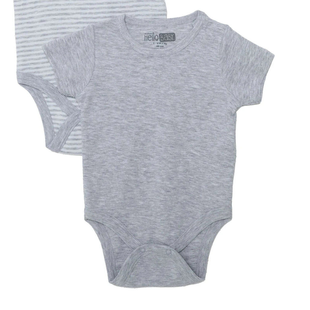 HelloBaby 2 Pack Striped Short Sleeve Baby Bodysuits (1-3 Months to 2-3 Years) - Grey