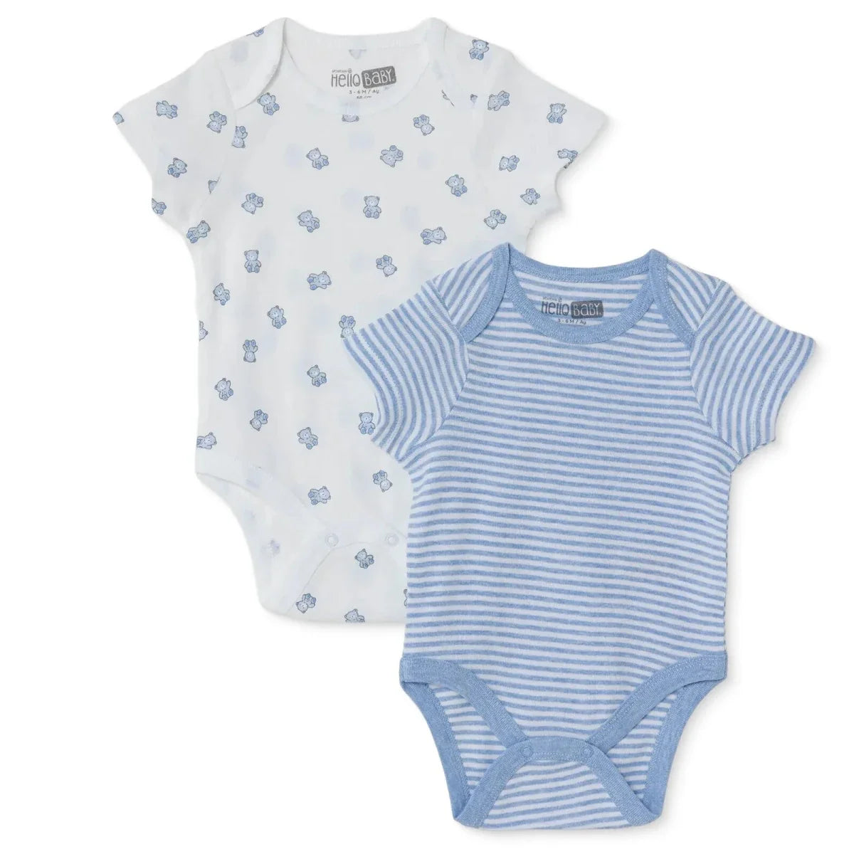 HelloBaby 2 Pack Bear Print Short Sleeve Baby Bodysuits (1-3 Months to 2-3 Years) - Light Blue