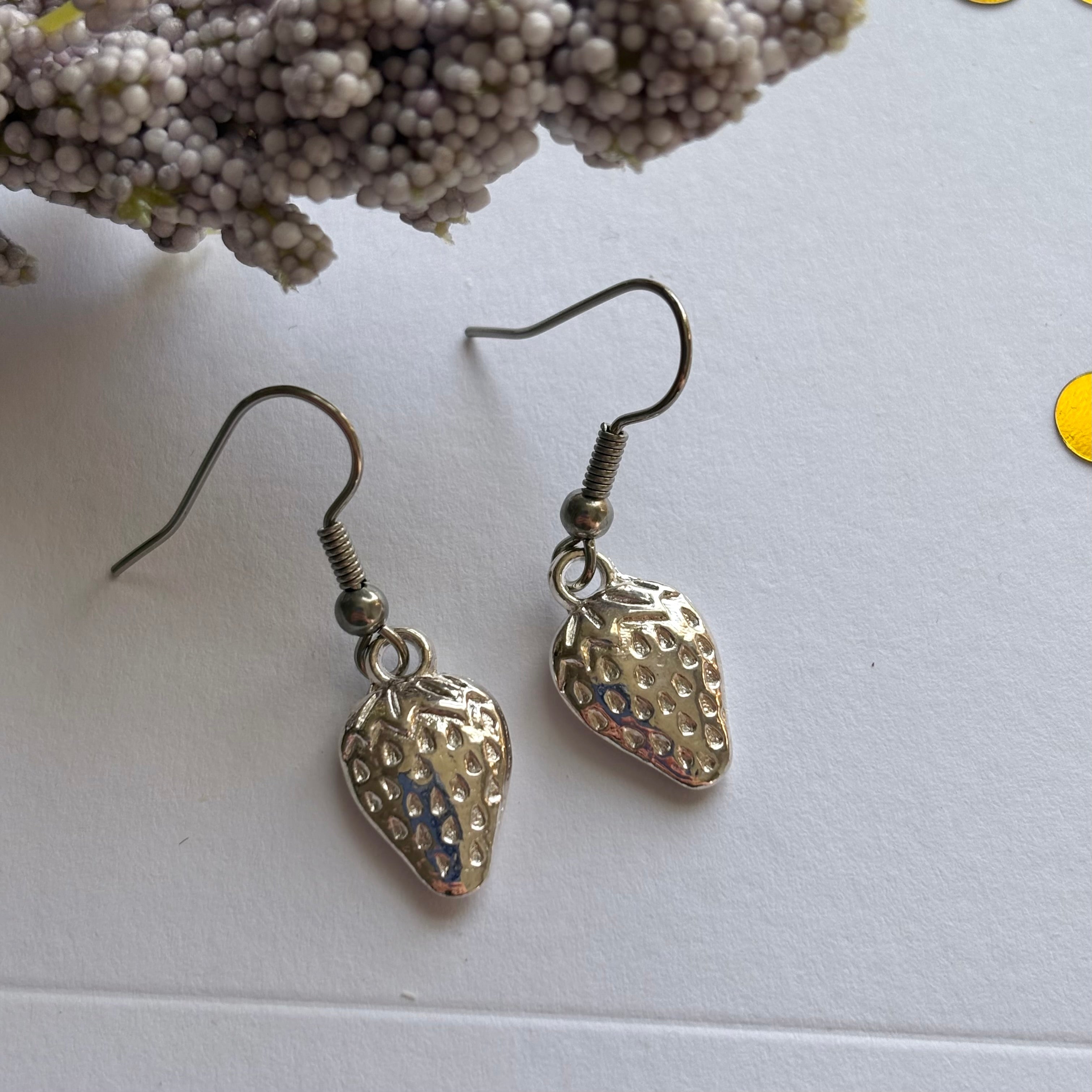 Silver plated strawberry earrings on hypoallergenic hooks