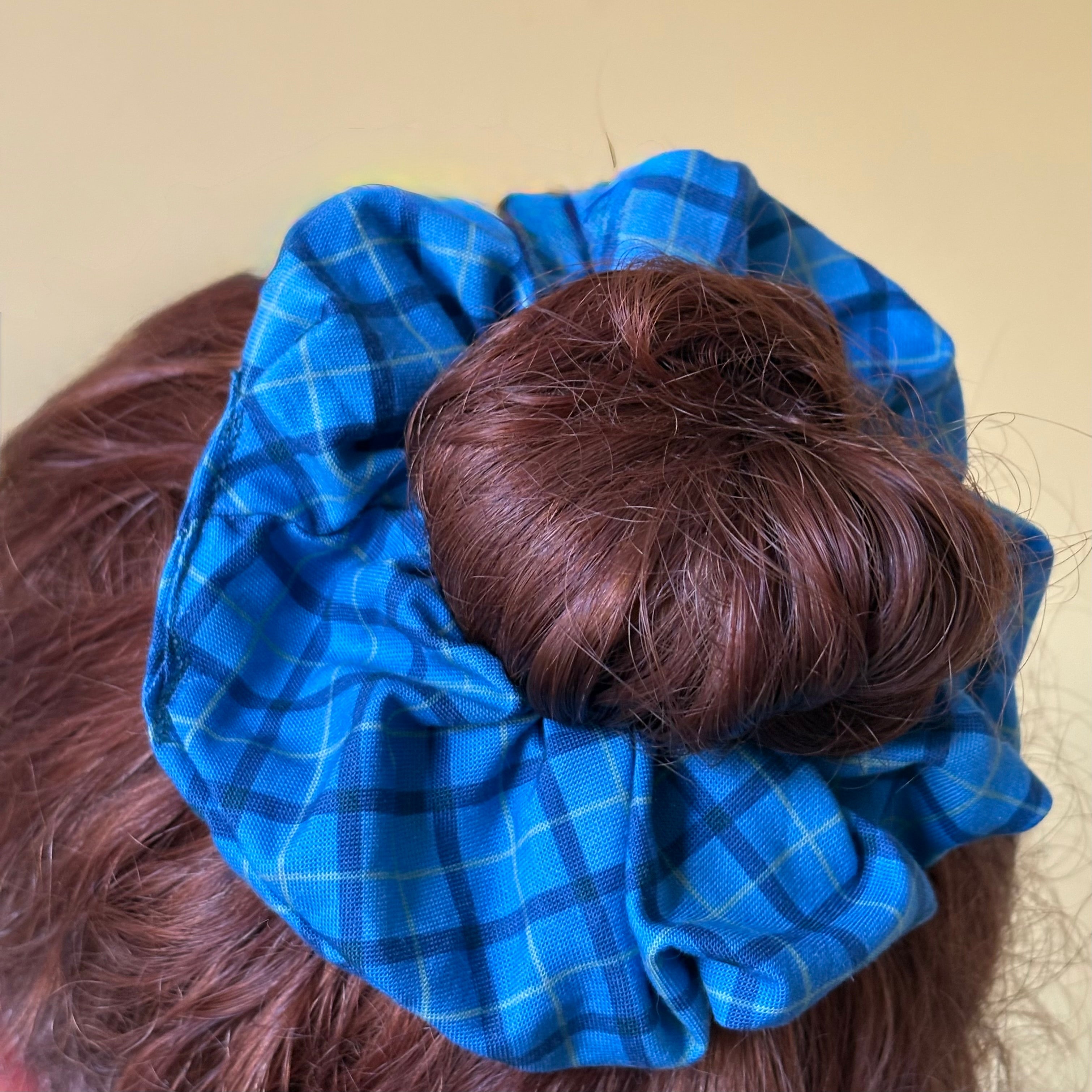 Handmade big Blue check tartan scrunchie