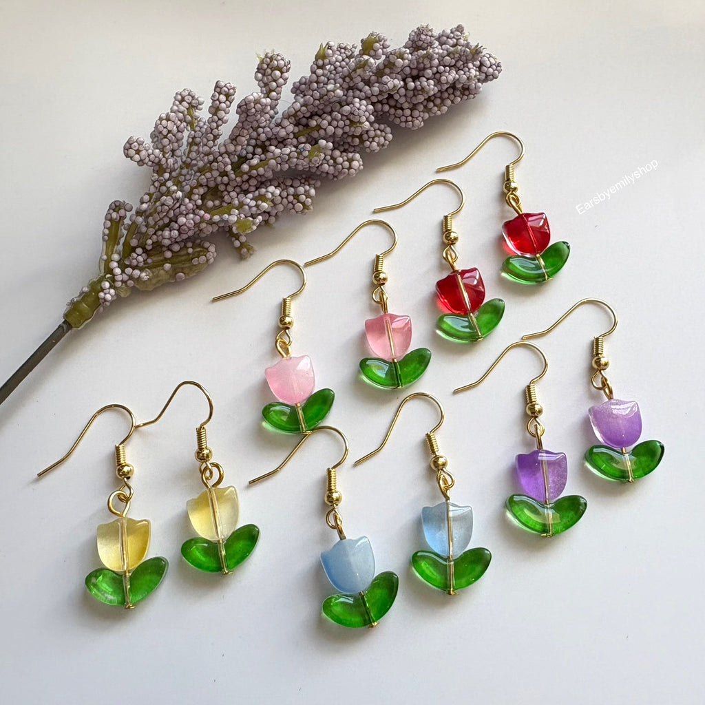 Cool silver or gold tulip flower dangle drop earrings