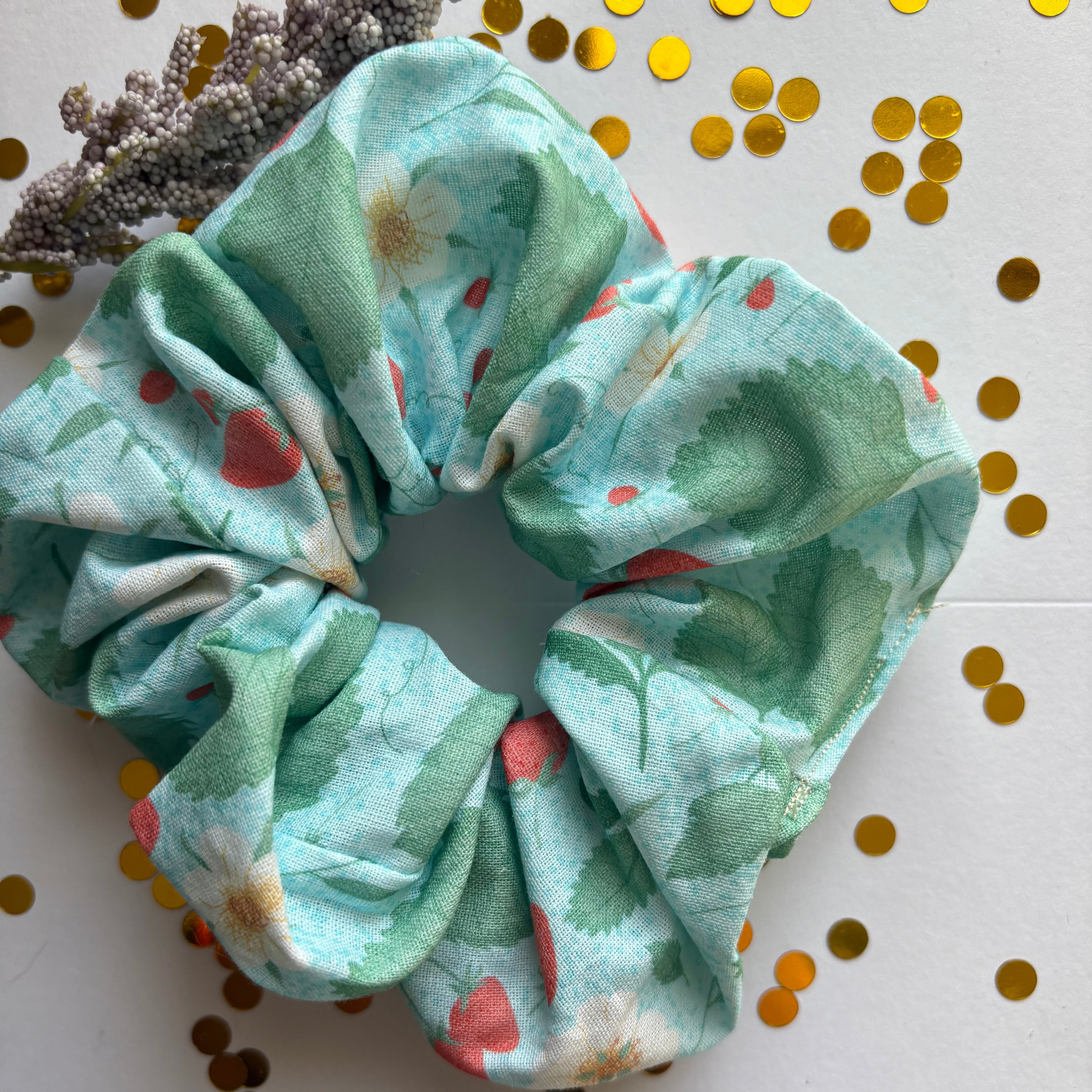 Handmade large light blue scrunchie with strawberry plants