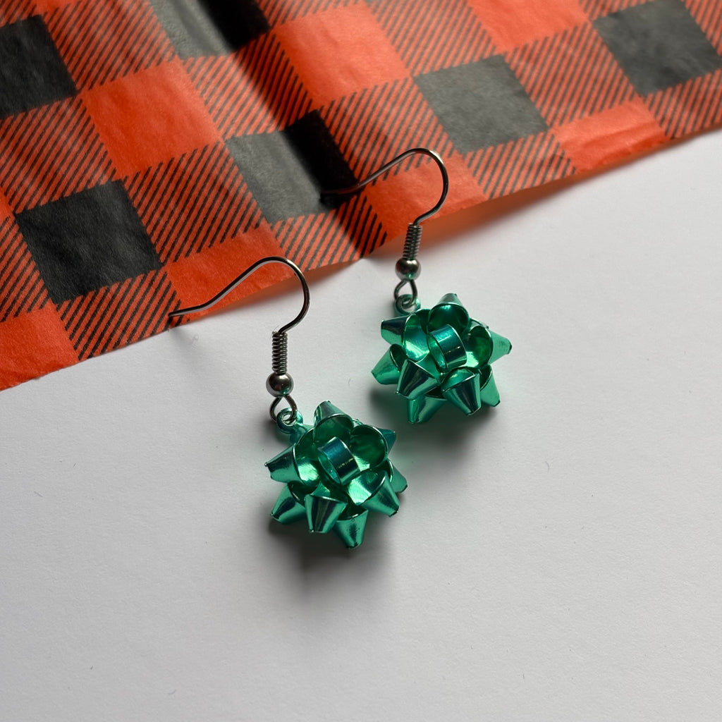 Colourful dangle Christmas fun quirky present bow earrings
