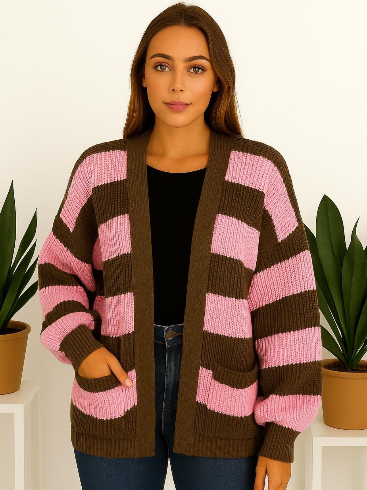 Knitted Stripped Balloon Sleeve Cropped Cardigan