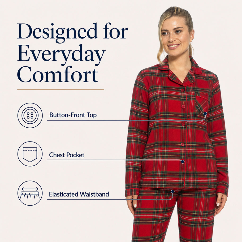 Daisy Dreamer Womens Flannelette Check Pyjama Set Soft Brushed Cotton Easy Care Super Soft Cosy Sleepwear