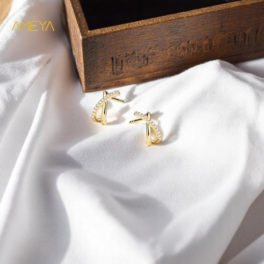 Ameya Gold Plated Cross Knot Stud Earrings, 925 Sterling Silver, Designer Crystal