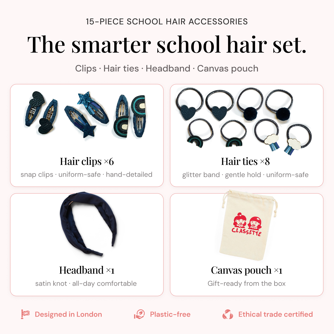 Navy Blue School Hair Clips, Bobble Hair Ties, Headband & Bag | The Gift Set