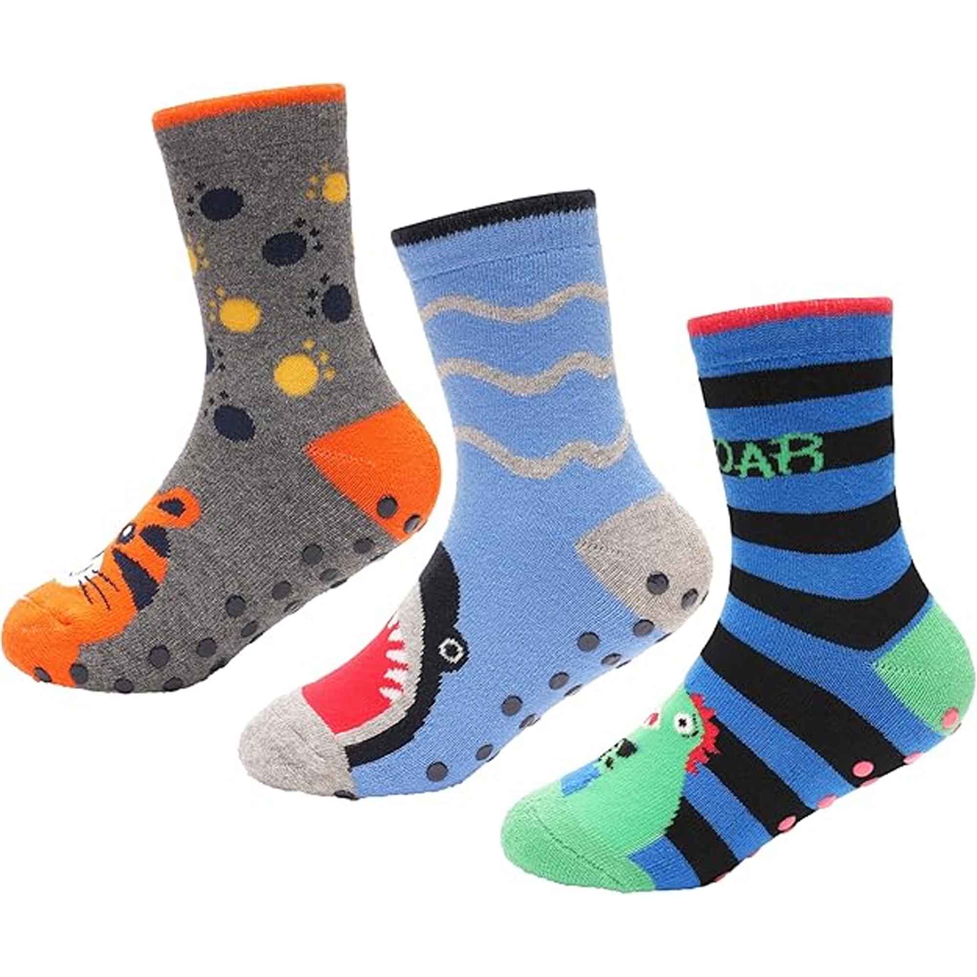Sock Stack Boys Slipper Socks Three Pack 3 Pairs Non Slip Thermal Indoor Socks Dino Shark