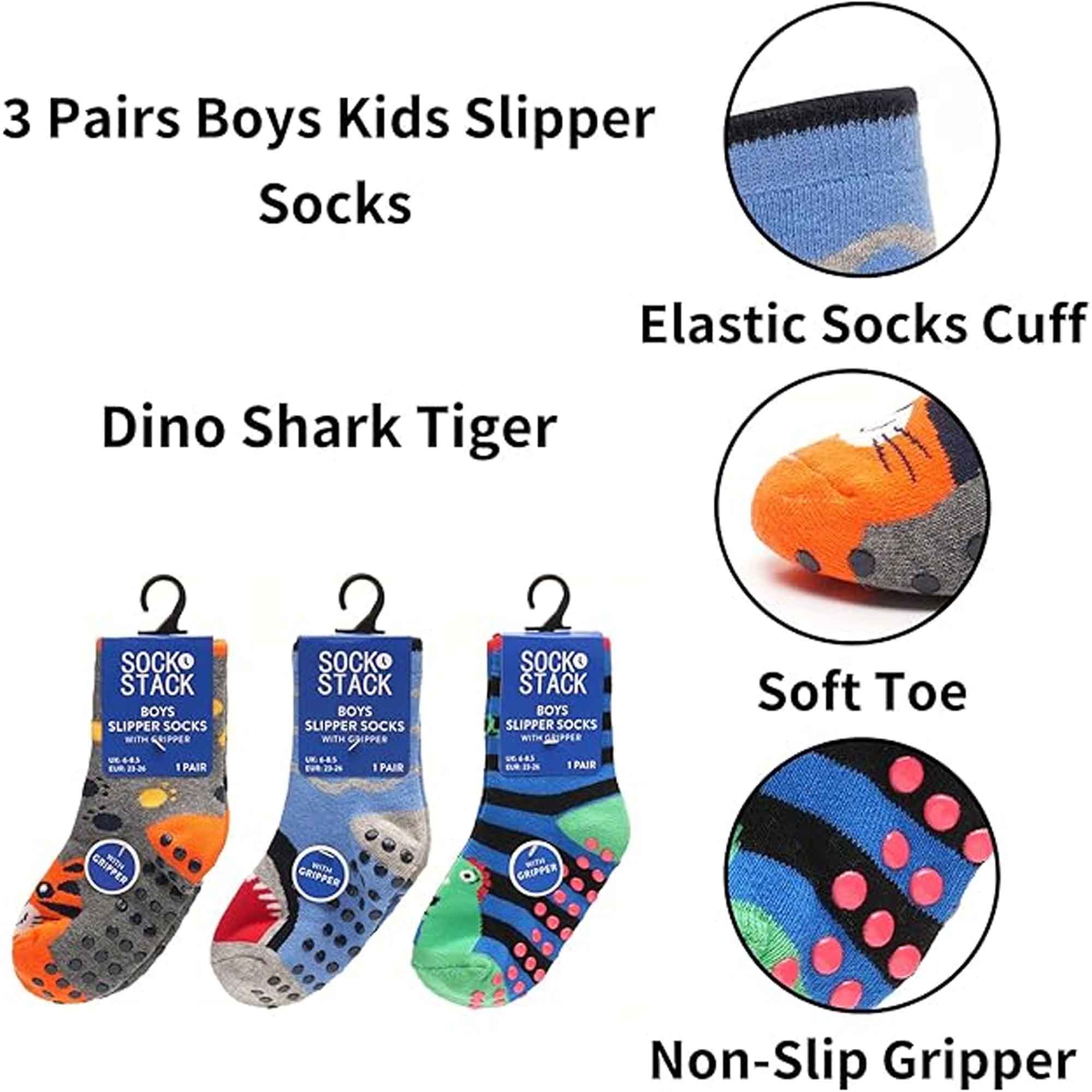 Sock Stack Boys Slipper Socks Three Pack 3 Pairs Non Slip Thermal Indoor Socks Dino Shark
