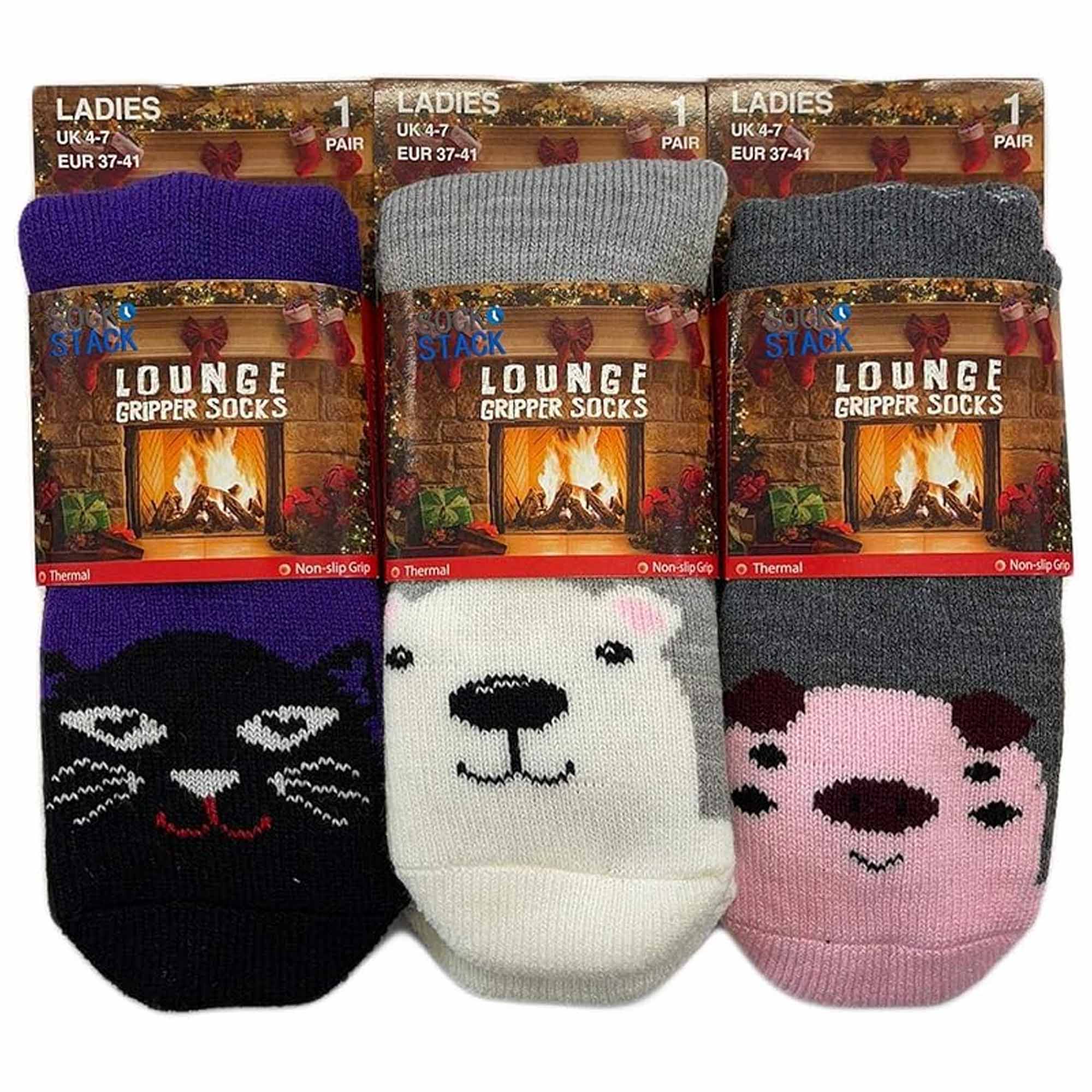 Sock Stack Women's Thermal Slipper Socks 3 Pairs Animal Designs Polar Bears And Kittens
