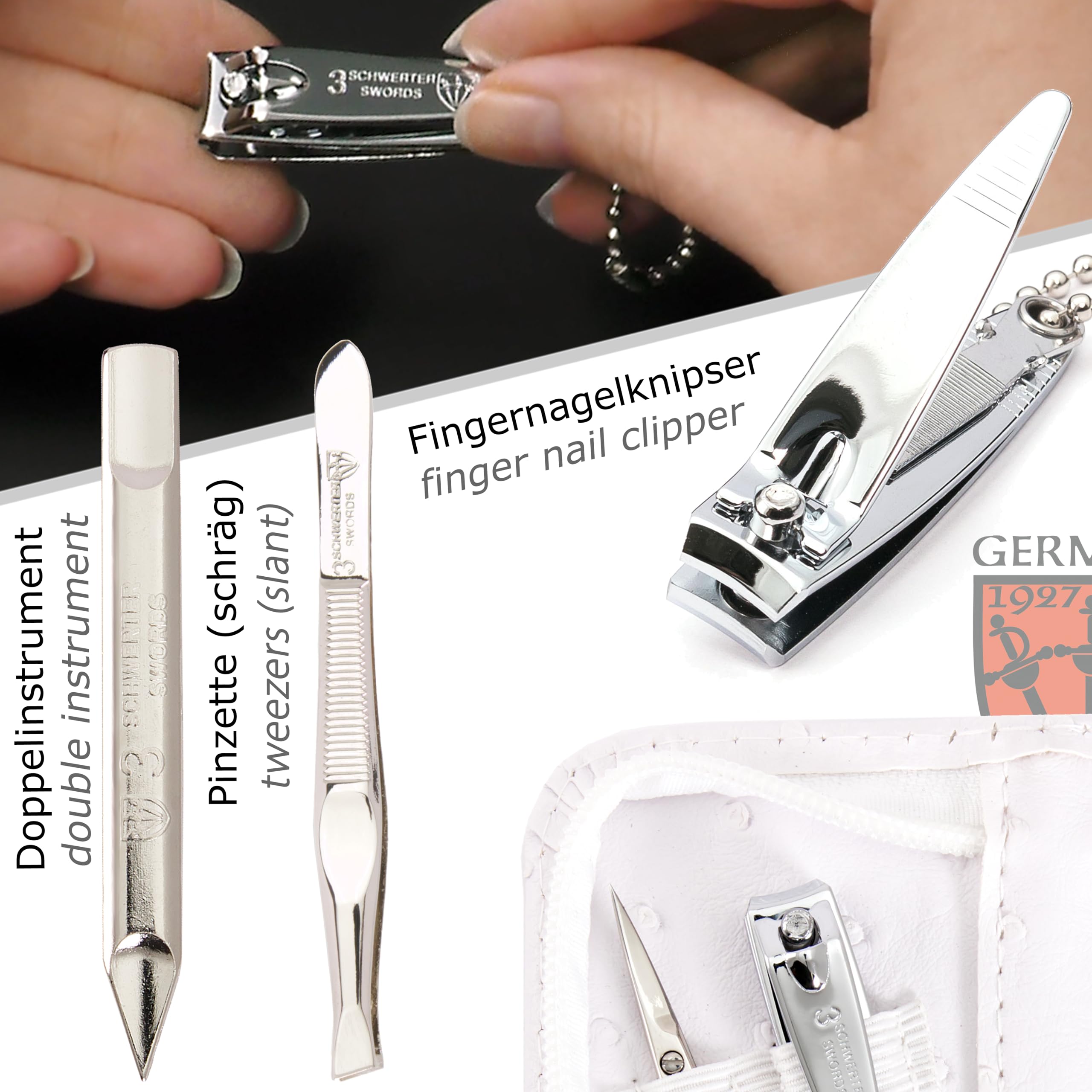3 Swords Germany 5-Piece Manicure & Pedicure Kit in Ostrich White Leather Case | Made in Germany