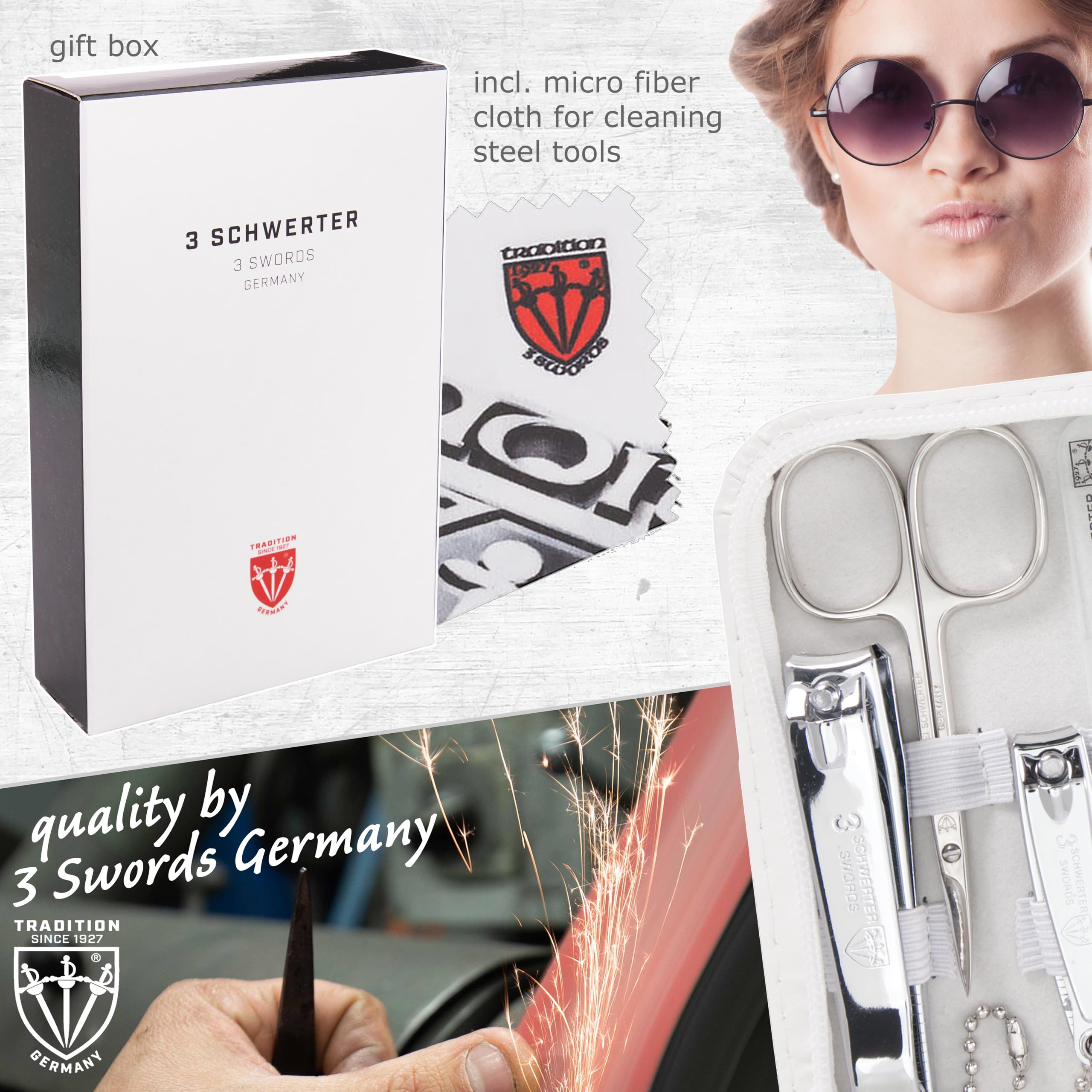3 Swords Germany 8-Piece Manicure & Pedicure Kit in White Leather Case — Made in Germany