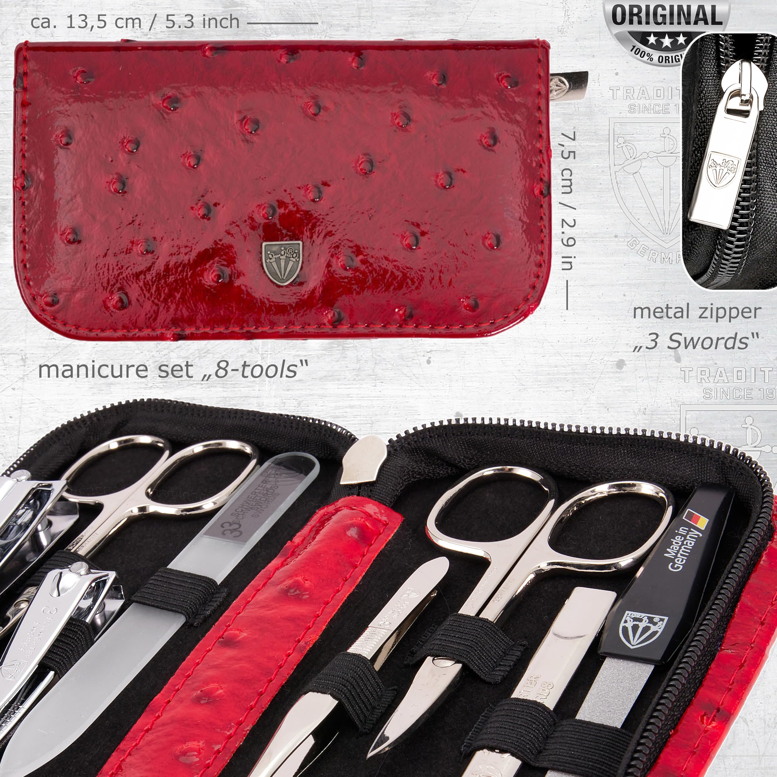 3 Swords Germany - 8-Piece Manicure & Pedicure Kit in Red Ostrich Leather Case | Made in Germany